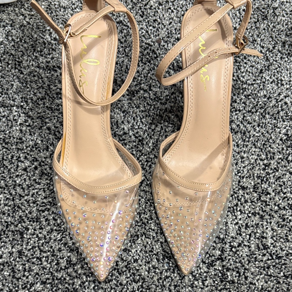 Lulu's Nude Clear Pointed Toe Ankle Strap Heels with Rhinestones